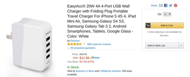 Fotografía - [Offre Alerte] EasyAcc 4-Port 4A USB Wall Charger Seulement 10 $ Après code promo gratuite Amazon Premium Livraison